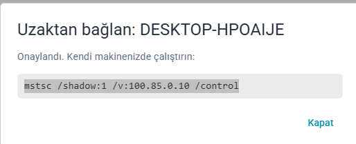 Onaylanmış uzaktan bağlantı diyaloğu: kullanıcı onayından sonra üretilen mstsc shadow komutu
